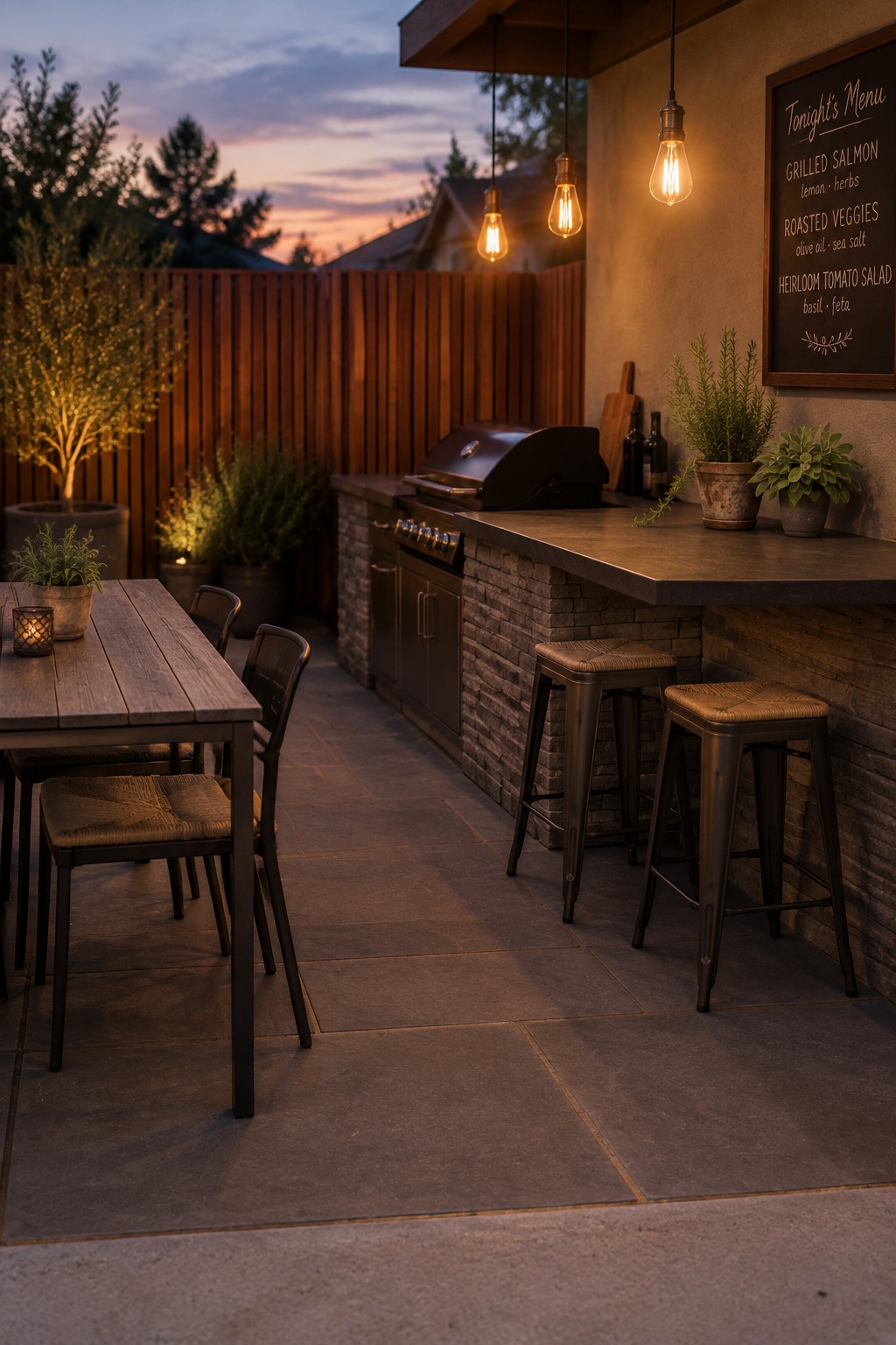 Outdoor patio kitchen with bar stools, dining table, hanging lights, and menu board at dusk.