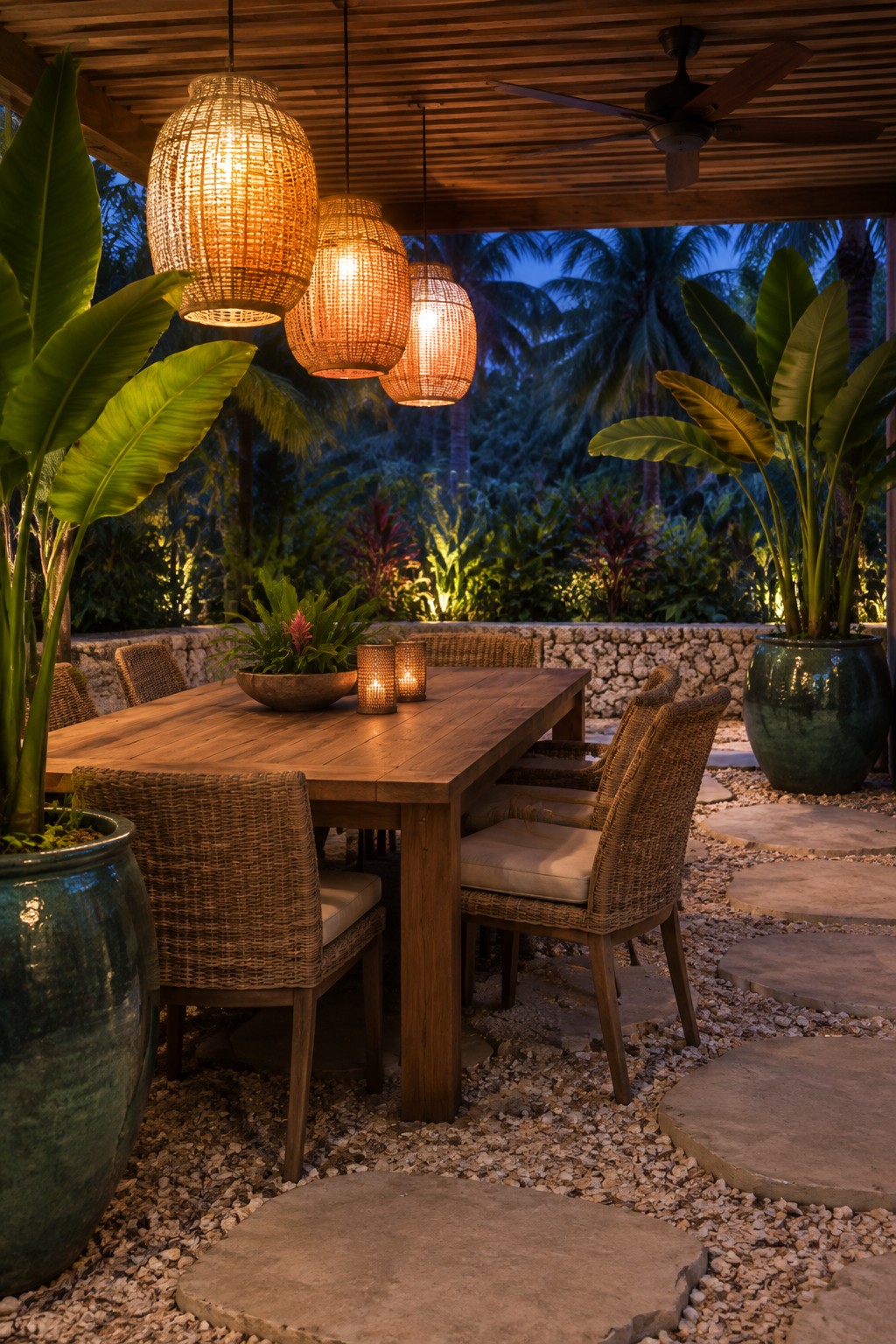 An outdoor wooden dining table on a gravel patio with four woven hanging lanterns glowing above it, surrounded by large potted tropical plants and a stone path at dusk.