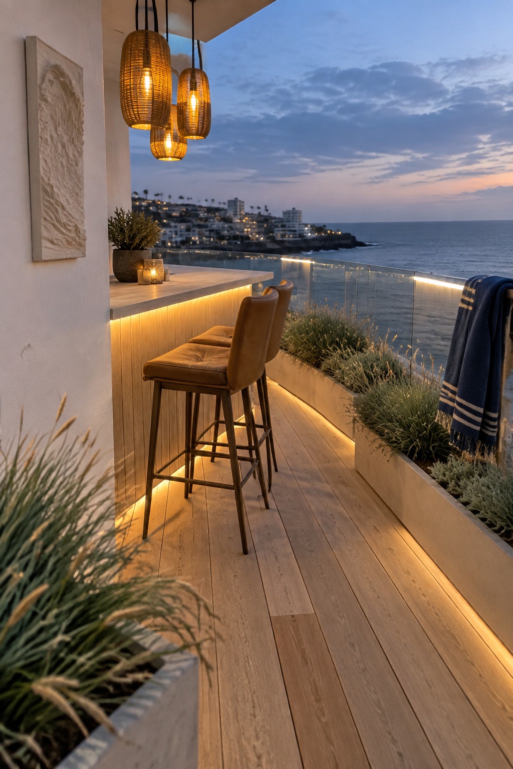 An outdoor balcony at dusk features two brown leather bar stools at a wooden counter with three woven pendant lights hanging above, a glass railing, and ocean views beyond.