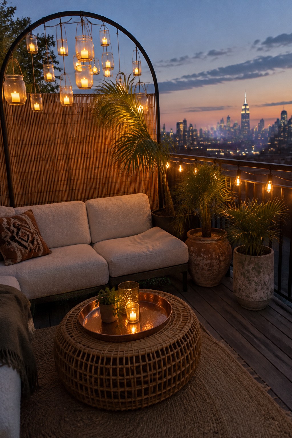Rooftop patio at dusk featuring a white outdoor sofa, round woven coffee table with tray, potted palms, string lights along the railing, and many glass jar lanterns with lit candles hanging from a black metal arch, with a city skyline in the background.