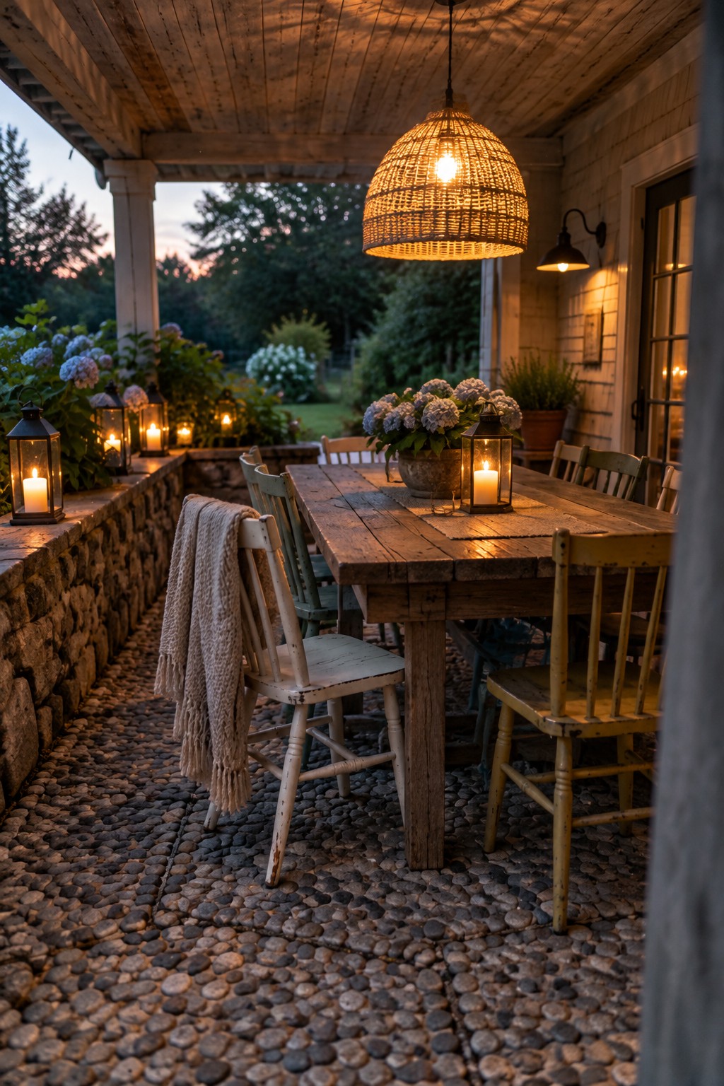 A rustic wooden patio table under a large woven hanging lamp, with lit lanterns placed on a stone ledge and on the table, surrounded by mismatched wooden chairs on a cobblestone floor.
