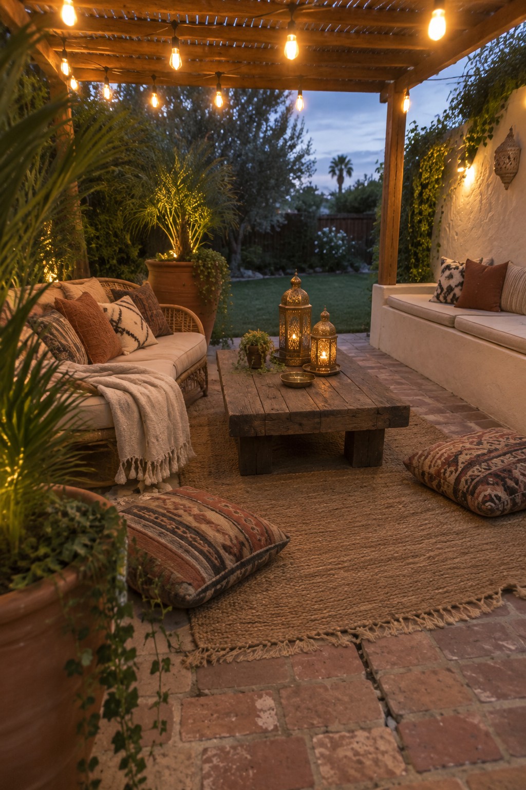 A patio at dusk with string lights hanging from a wooden pergola, a rustic coffee table holding two lit lanterns, cushioned seating, and a woven rug on brick flooring.