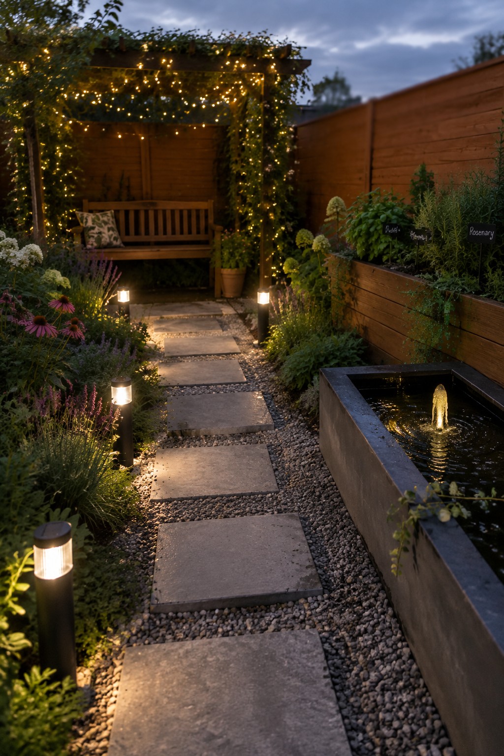 A stone slab path runs through a landscaped garden at dusk, lined with short black bollard lights, leading toward a wooden bench under a pergola with string lights and a raised water feature on the right.