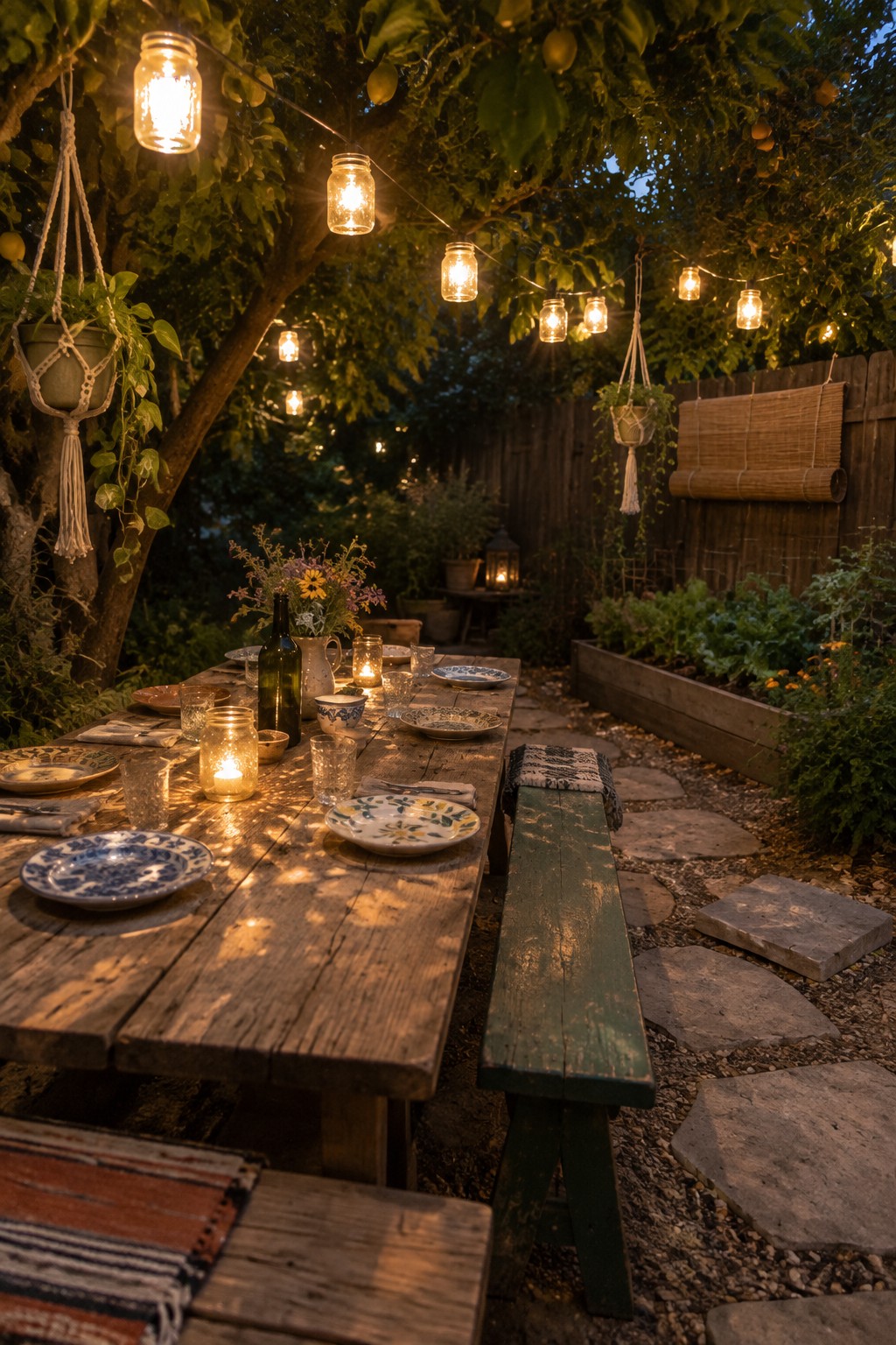 Rustic wooden table set with plates under glowing mason jar lights in garden