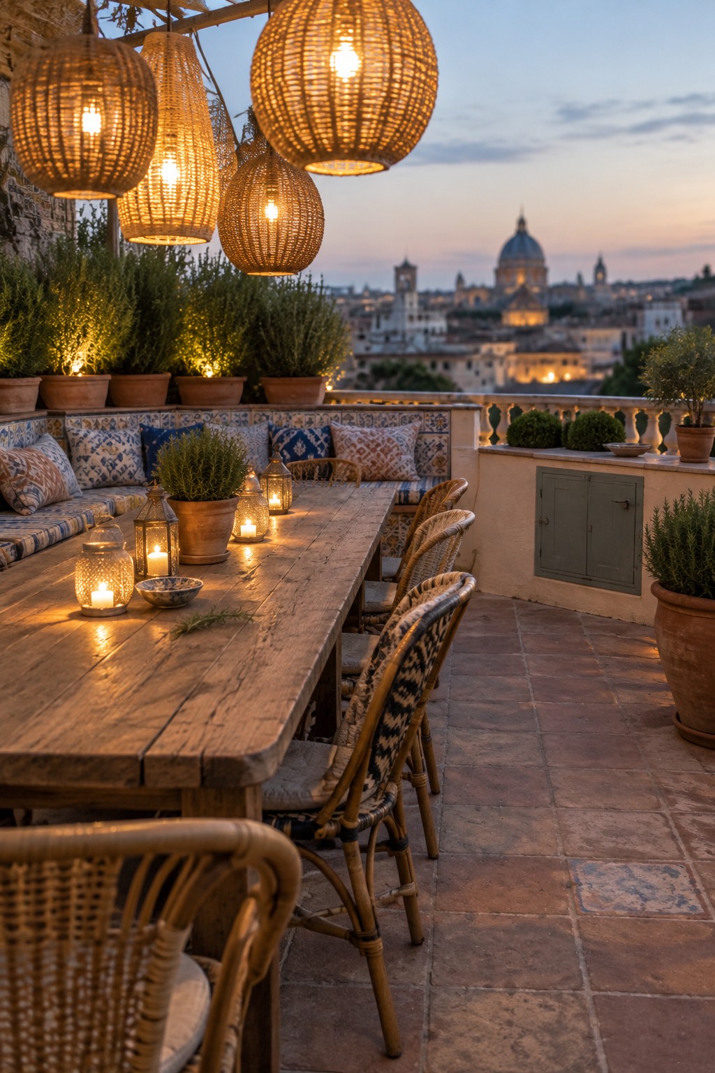 Rustic wooden table on dusk terrace with glowing wicker lanterns and city dome view