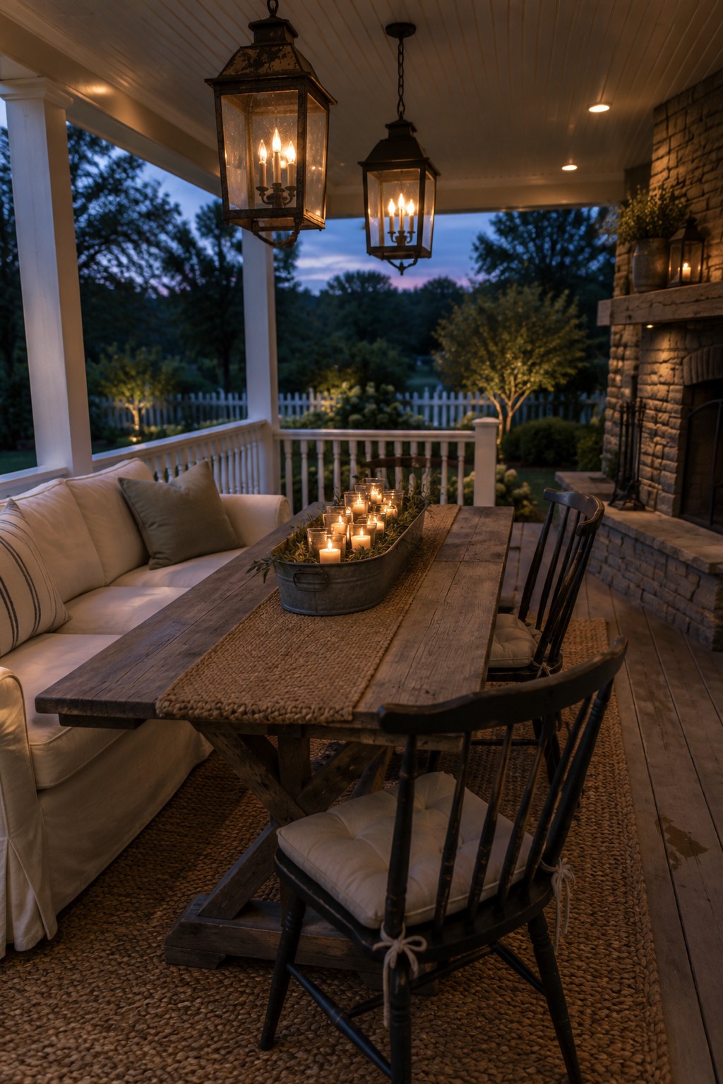 A covered wooden porch at dusk with a long table holding a metal tray of lit candles, black spindle chairs, a white sofa, and two glowing hanging lanterns overhead.