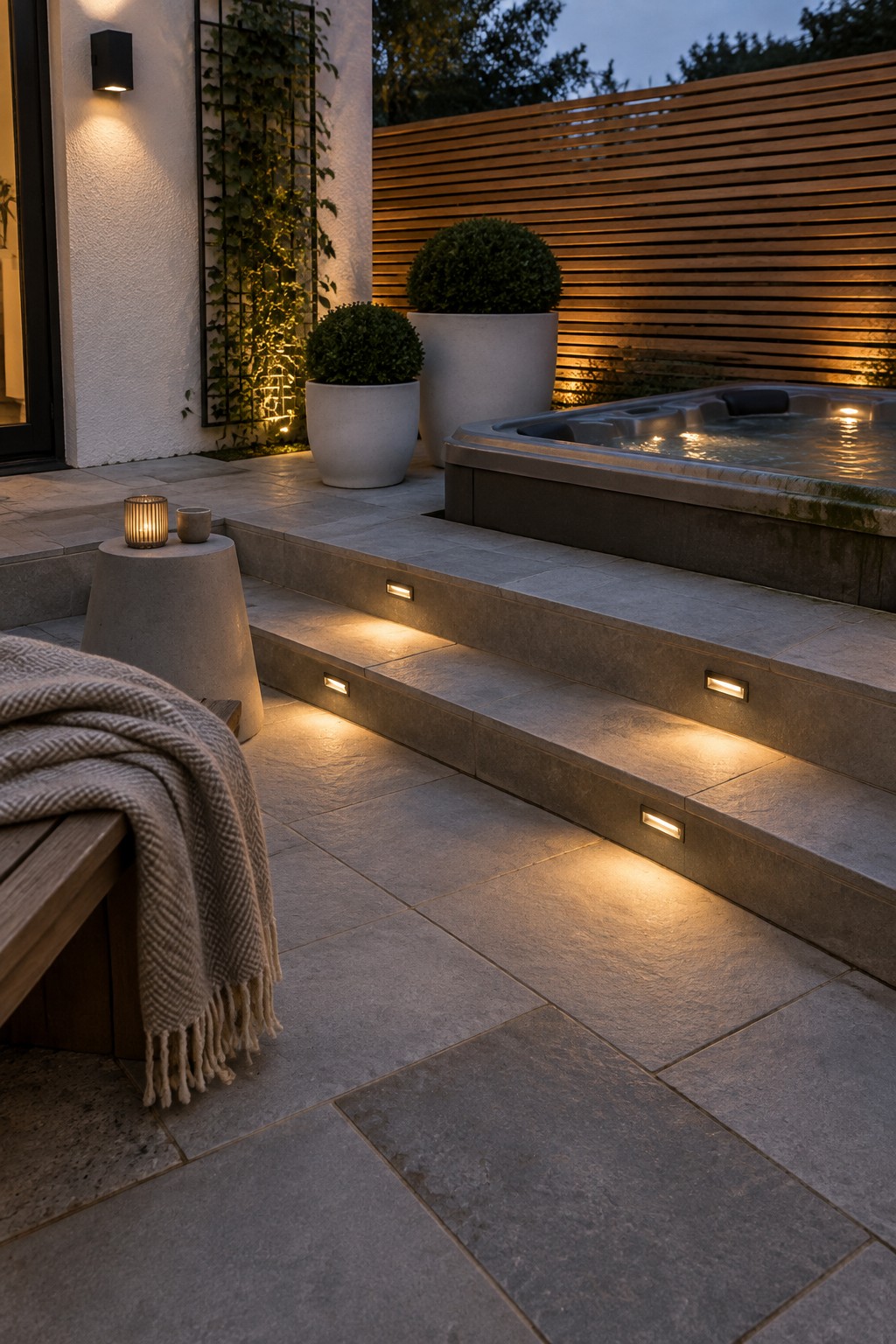 Stone patio steps at dusk with small rectangular recessed lights glowing along the edges, a hot tub nearby, and potted shrubs against a wooden fence.