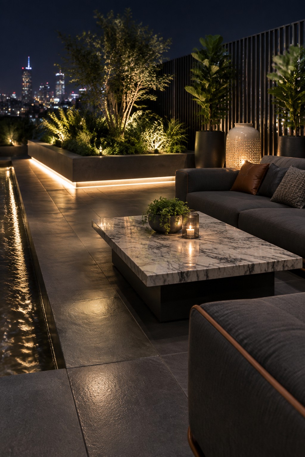 Nighttime rooftop patio with dark sectional sofa, marble coffee table, candle, long water feature with reflections, and raised planter edged with glowing LED strip lighting overlooking a city skyline.