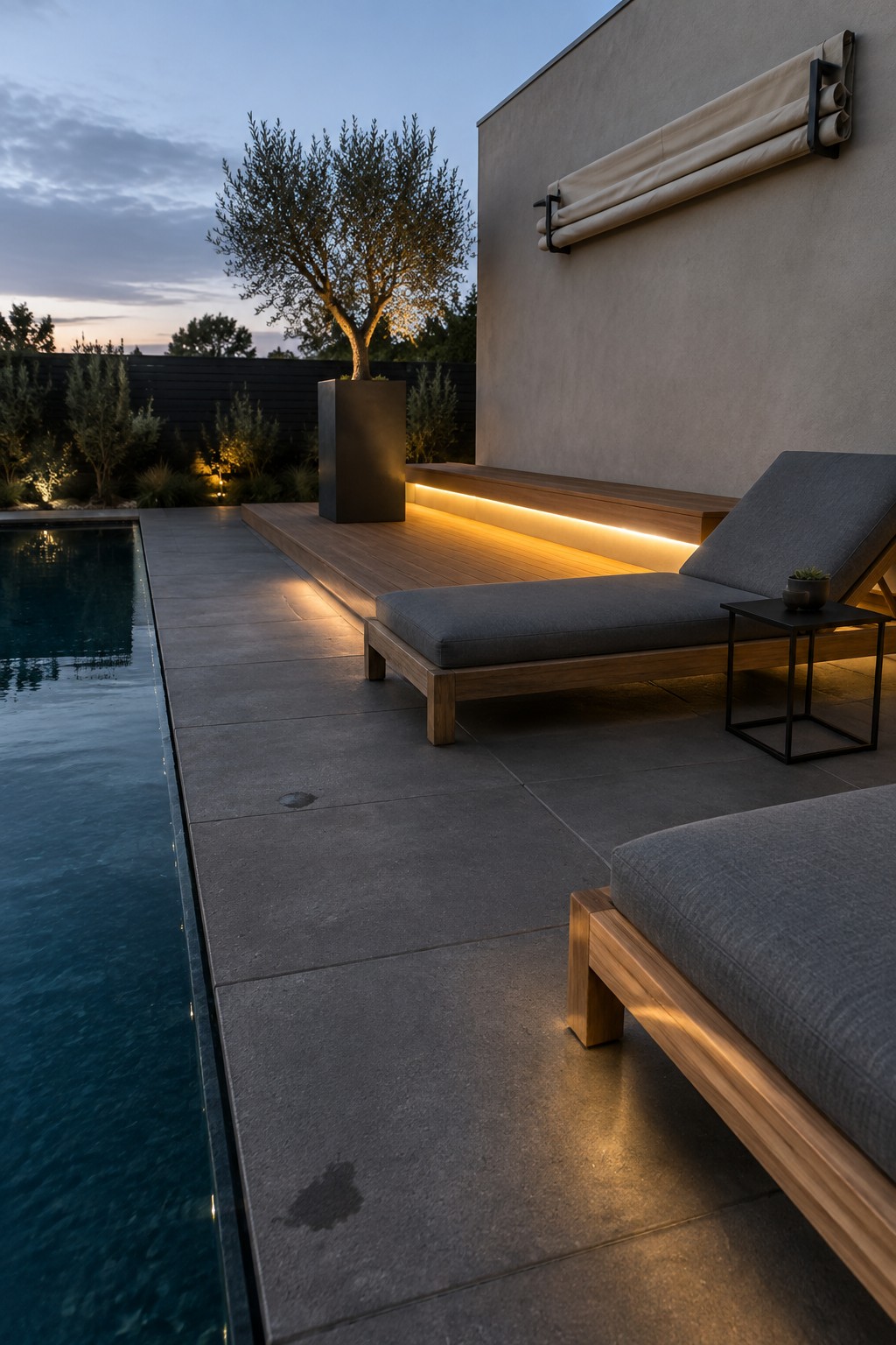 An outdoor patio at dusk features a swimming pool on the left, gray stone pavers, wooden lounge chairs, and warm linear lighting glowing from beneath a raised wooden deck platform against a stucco wall.