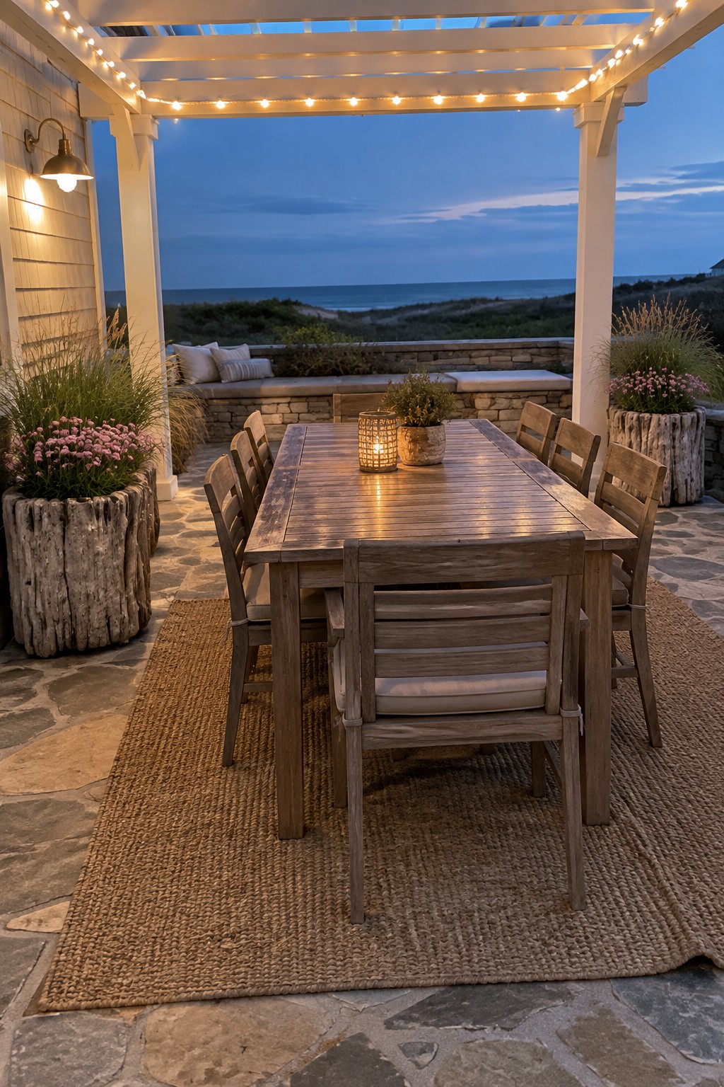 A wooden outdoor dining table under a white pergola with string lights, a lantern on the table, and a stone patio overlooking the ocean at dusk.