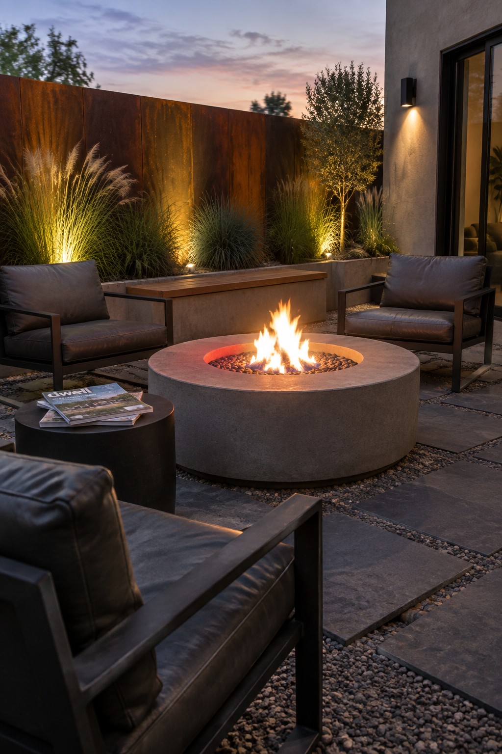 A round concrete fire pit with active flames sits centered on a stone patio, surrounded by dark leather armchairs, with warm uplighting on tall grasses along a rusted metal wall at dusk.