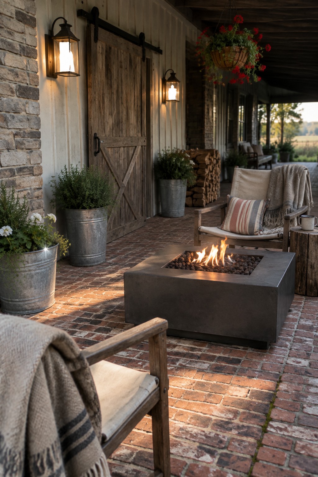 A covered brick patio features a square metal fire pit with flames, two wooden armchairs with cushions and throws, metal planters with greenery, stacked firewood, and two lit wall lanterns flanking a wooden sliding barn door on a house with stone accents.