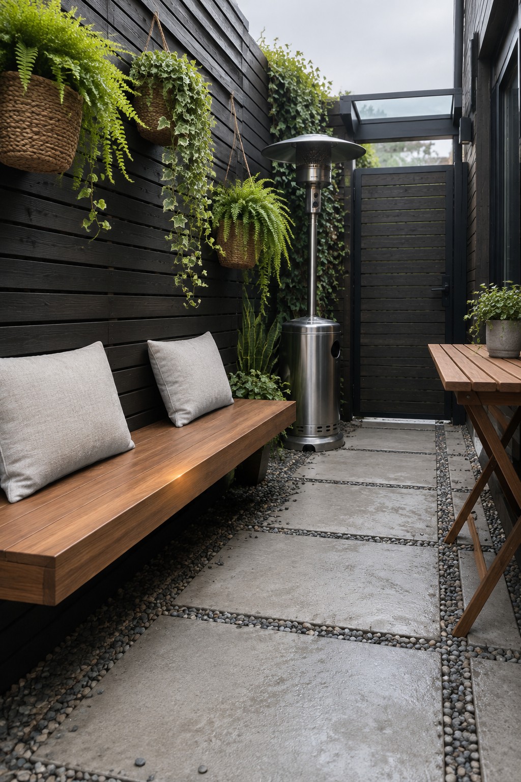 Modern patio with wooden bench, hanging ferns, patio heater on stone path.