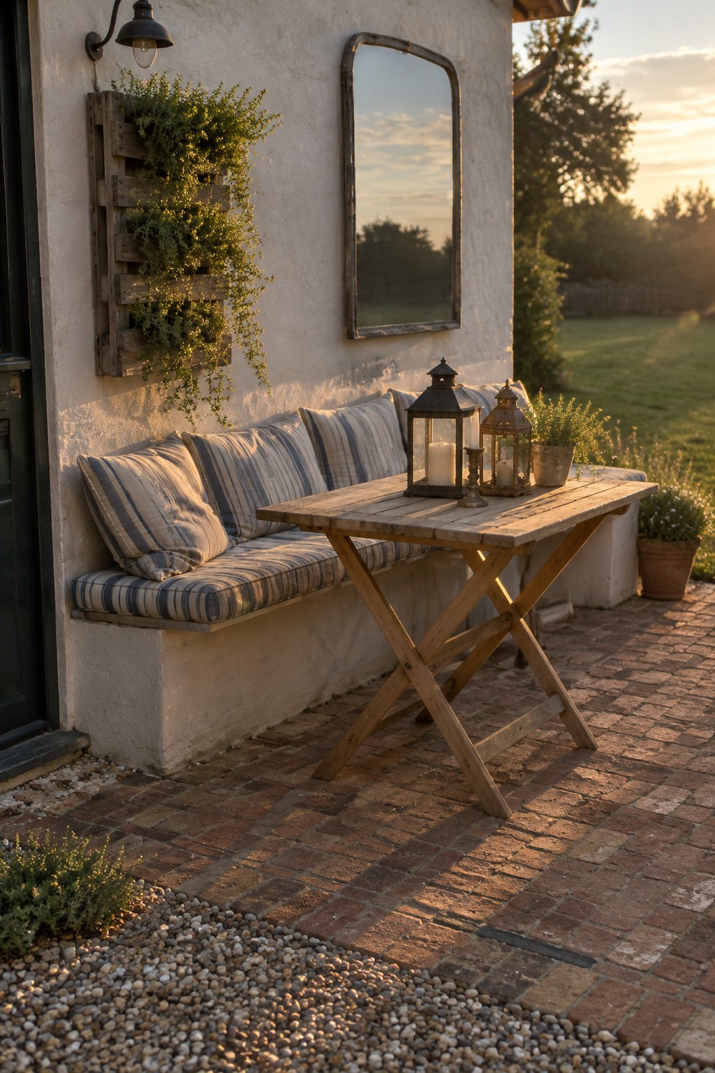 A brick patio with a cushioned bench built against a white stucco wall, a wooden folding table holding two lanterns, and potted plants nearby.