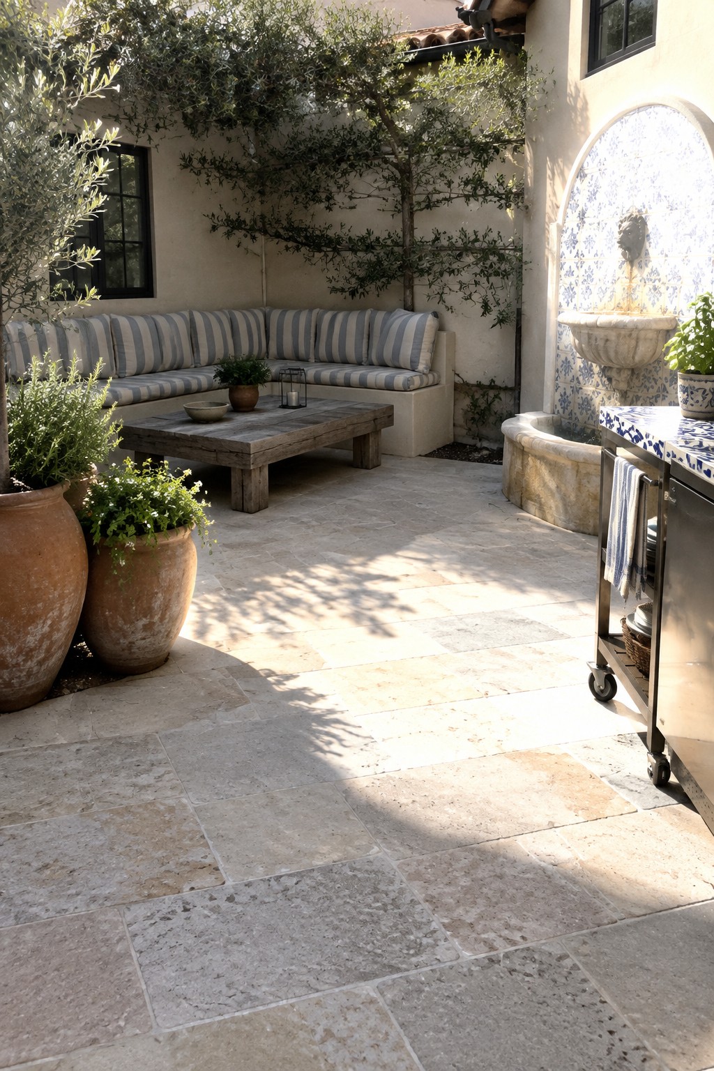 A small stone patio with L-shaped built-in bench seating covered in blue and white striped cushions, a wooden coffee table in the center, terracotta planters on the left, and a tiled fountain on the right wall.