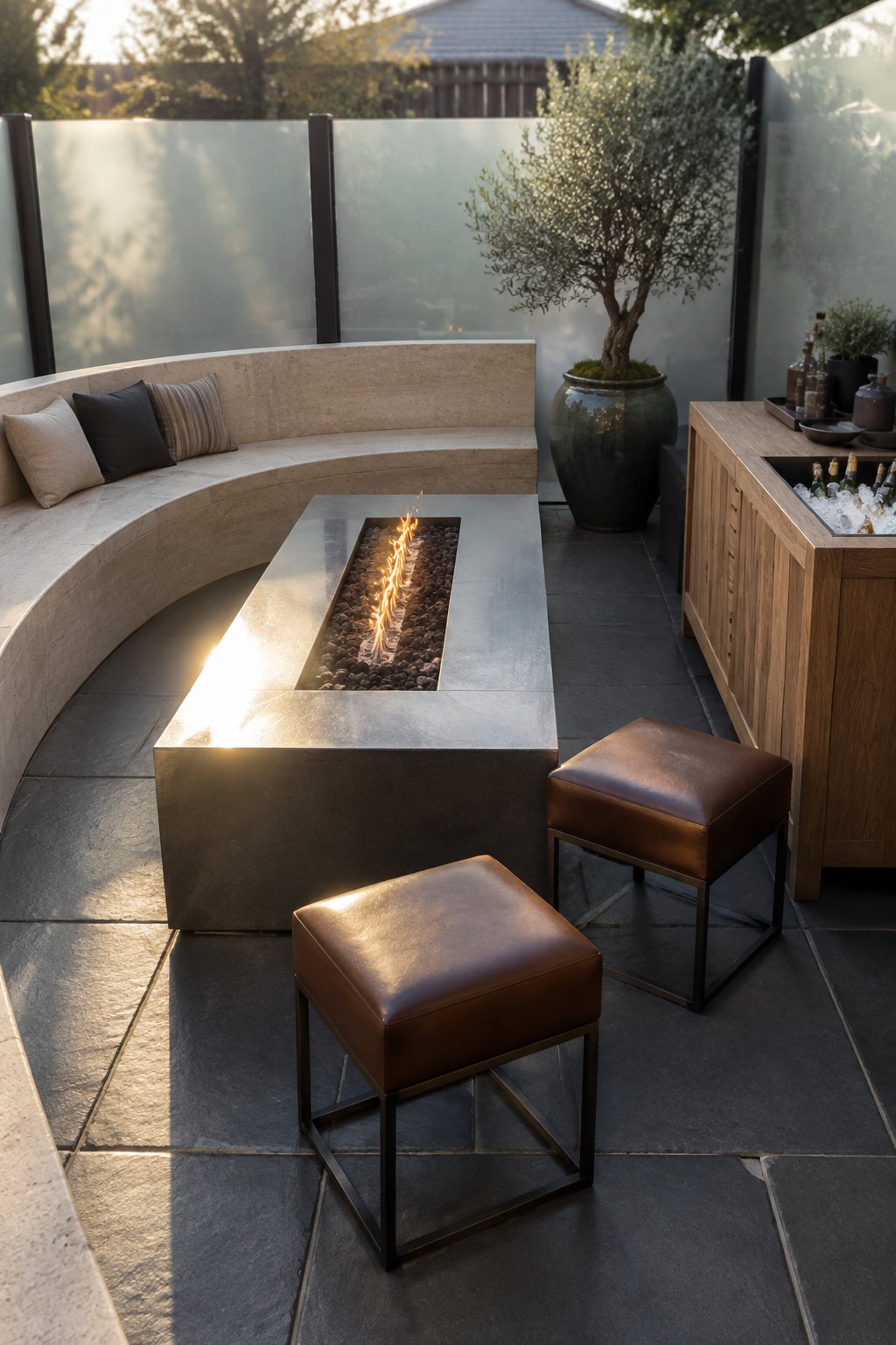 A rectangular metal fire pit with flames sits at the center of a curved stone bench on a dark tile patio, with two brown leather stools nearby and an outdoor bar cabinet to the right.