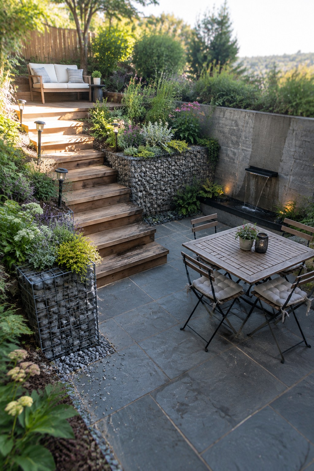 Outdoor stone patio with wooden dining table, chairs, and cascading water feature