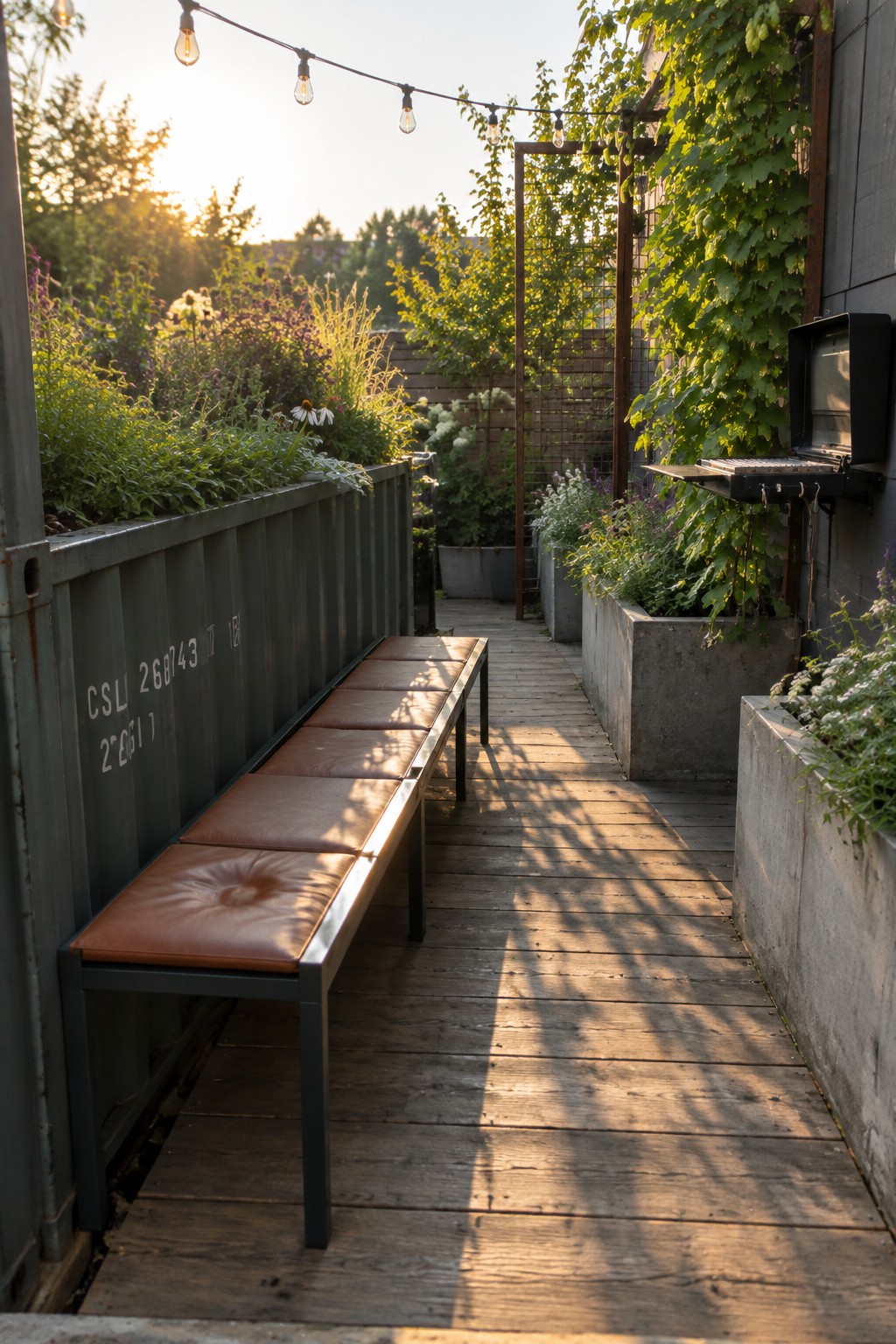 A narrow wooden deck patio features a long bench made from a repurposed gray shipping container with brown cushions, flanked by concrete planters and string lights overhead.