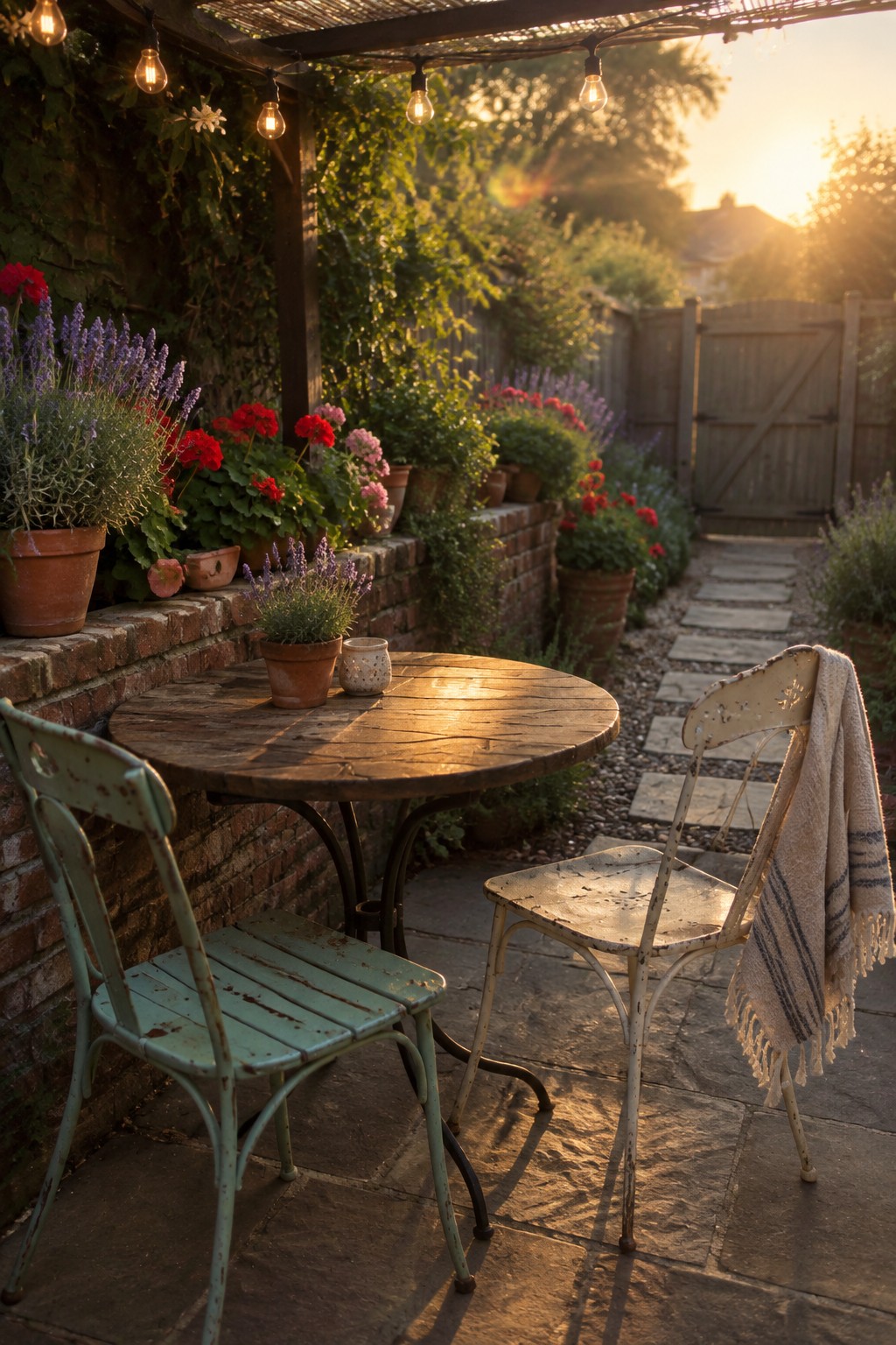 A round wooden table with two weathered metal chairs sits on a stone patio beside a brick wall lined with potted plants and flowers under string lights at sunset.
