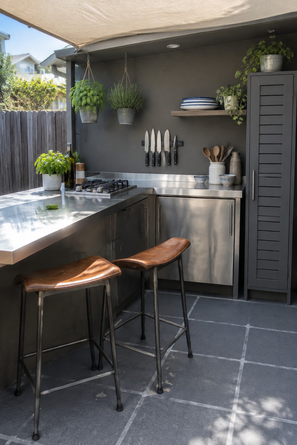 An outdoor kitchen patio with stainless steel counters, a gas stove, two brown leather bar stools, hanging plants, and dark gray floor tiles under a shade awning.