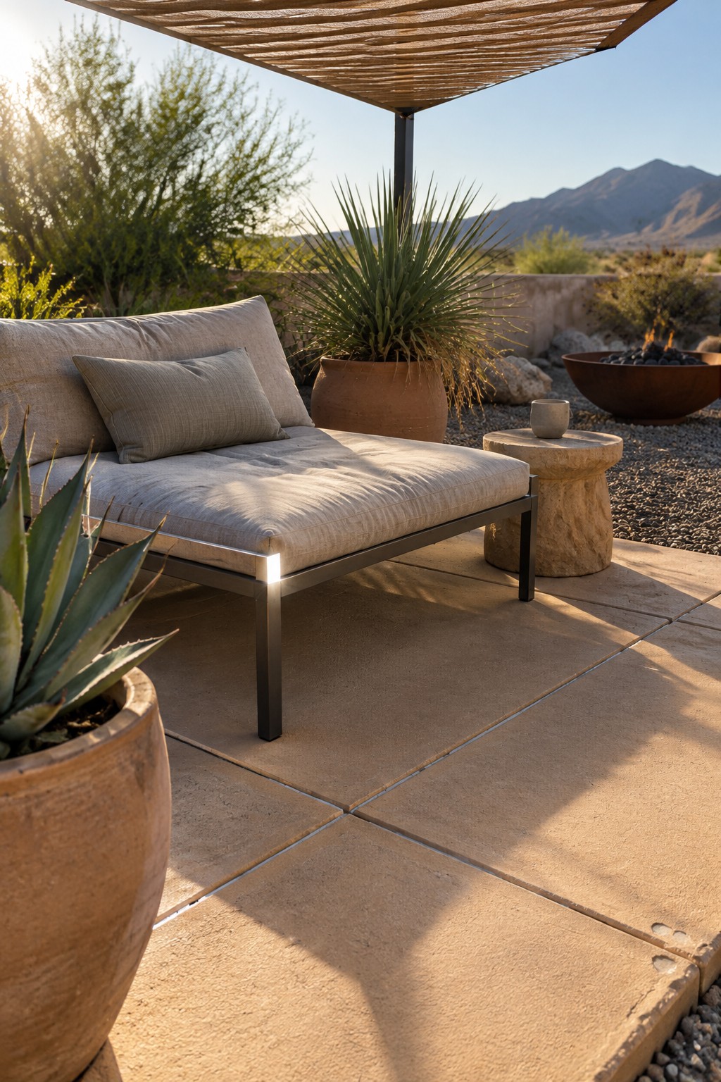Modern beige daybed on stone patio with desert plants and mountain backdrop at sunset