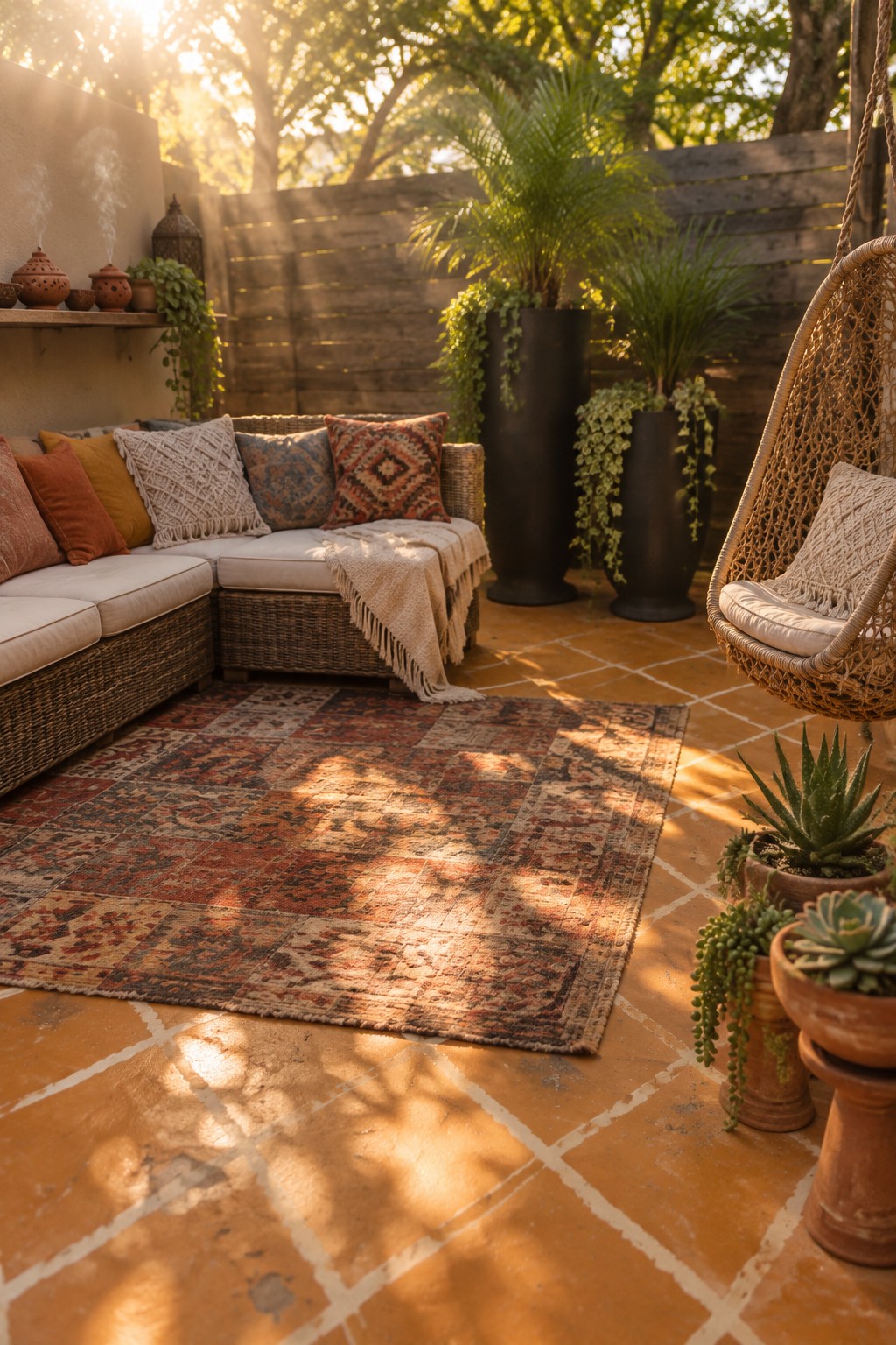 A patio scene with a large patterned area rug on terracotta tile, a wicker sectional sofa with cushions and a throw, potted plants, and a hanging chair.