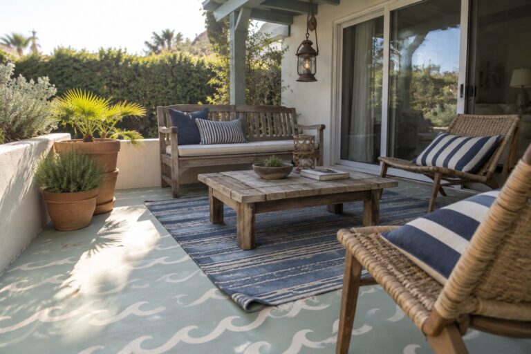 19 Simple Patio Ideas on a Budget Using Painted Concrete Floors A patio scene with a wooden bench, woven chairs, striped cushions, potted plants, and a concrete floor painted light green with white wave patterns.