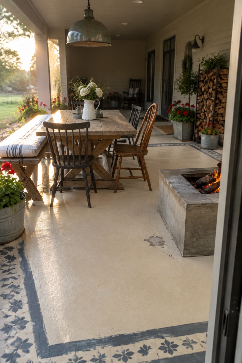 A wooden dining table with mixed chairs sits on a concrete patio featuring a large painted border with blue floral patterns, next to a concrete fire pit.