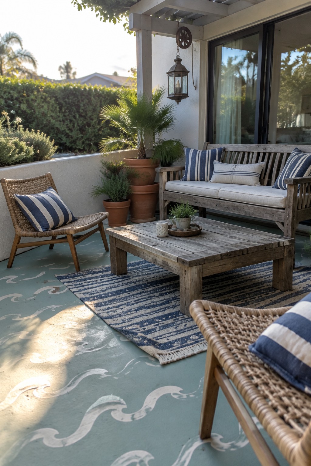 A patio scene with a wooden bench, woven chairs, striped cushions, potted plants, and a concrete floor painted light green with white wave patterns.