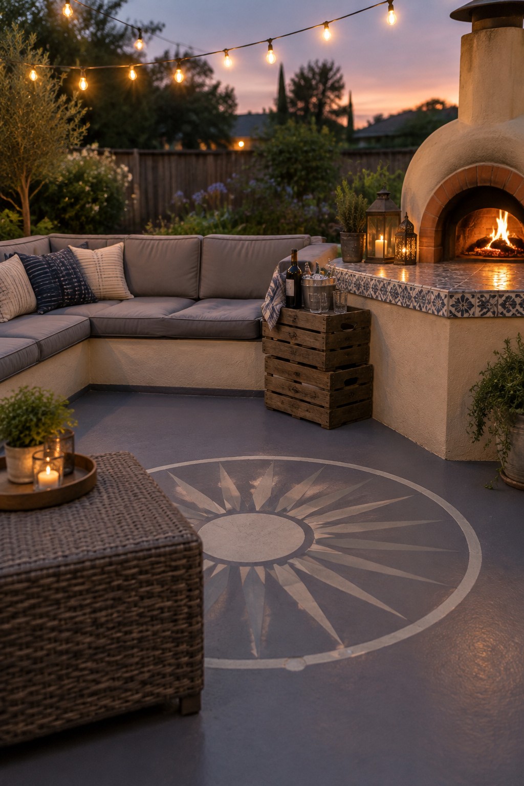 A dusk patio scene showing an L-shaped outdoor sofa, a built-in fireplace, string lights overhead, and a gray concrete floor with a large white sunburst circle painted in the center.