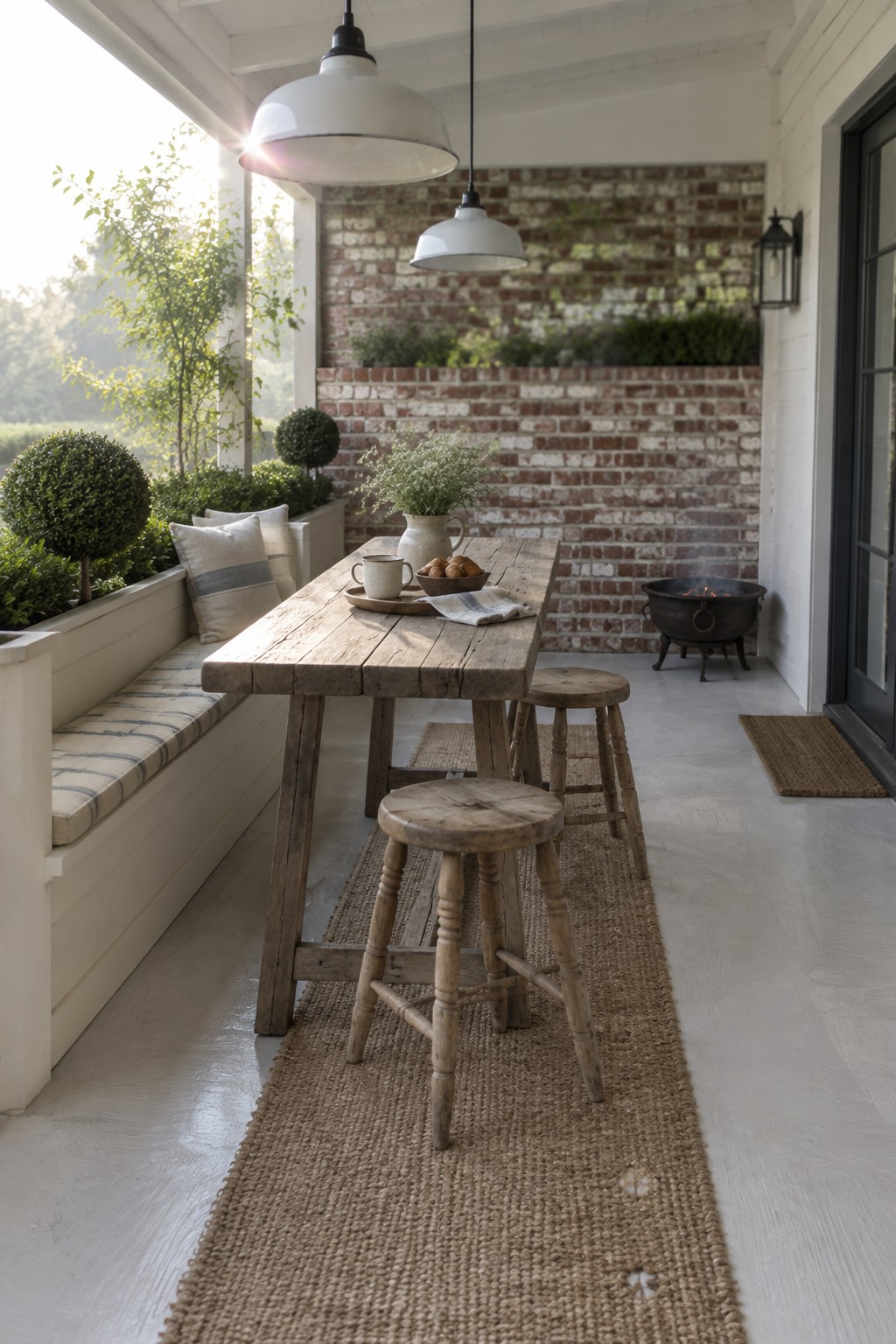 A covered outdoor patio with a rustic wooden table, mixed wooden stools and bench seating, a long woven jute runner on light painted concrete flooring, and a brick wall behind.