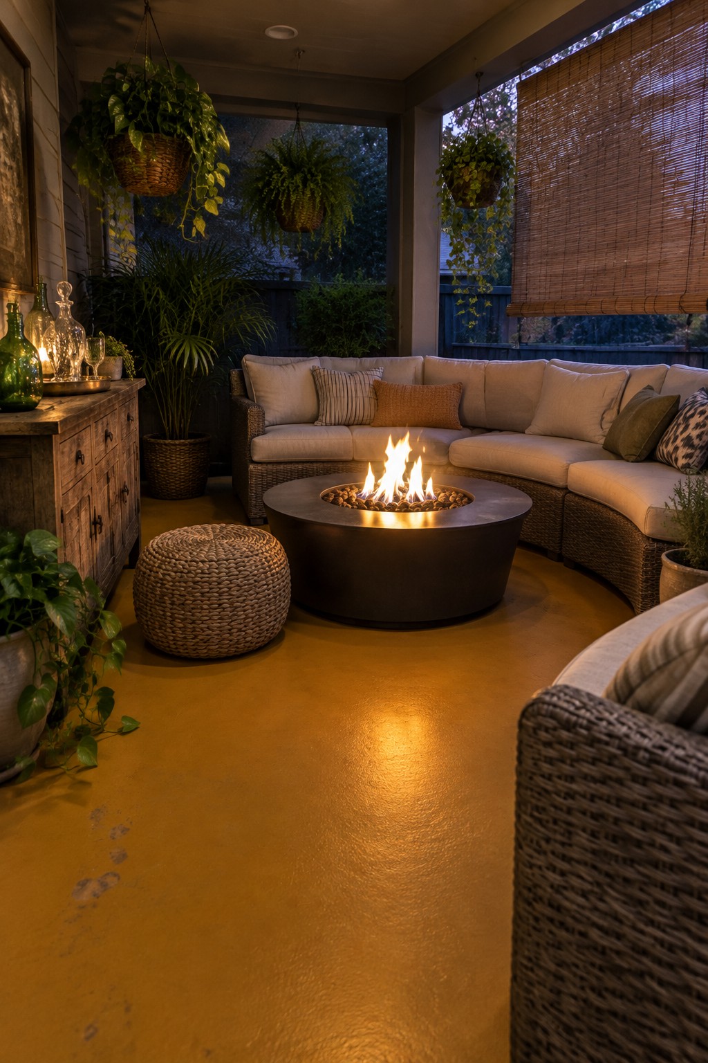 An outdoor patio at dusk with a painted concrete floor in warm golden-orange, a round fire pit with active flames, and a curved wicker sectional sofa with cushions, surrounded by hanging plants and potted greenery.