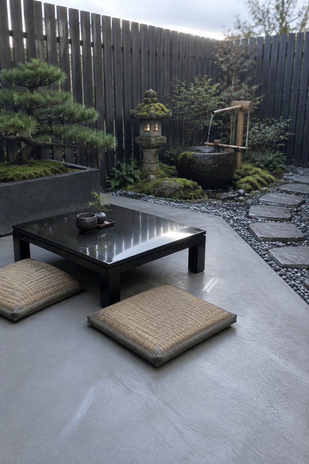 A smooth gray concrete patio with a low black table, two woven cushions, and a Japanese-style garden featuring a stone lantern, water basin, and bonsai tree in the background.