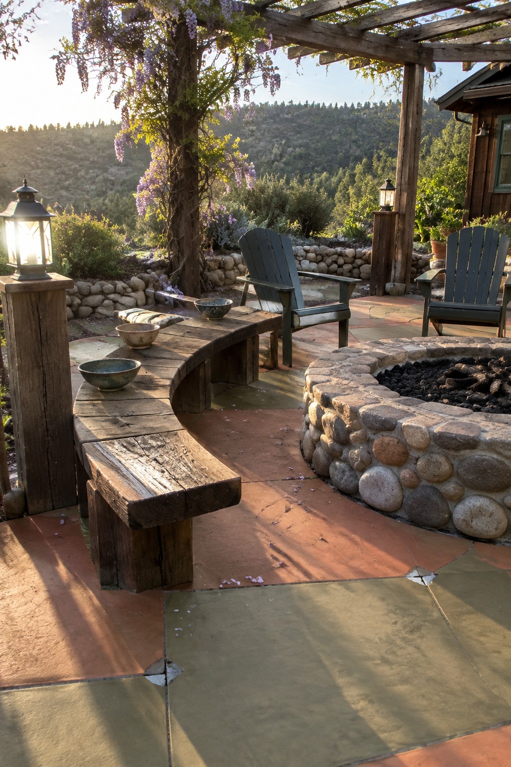Rustic patio with curved wooden bench, stone fire pit, blue Adirondack chairs, and wisteria pergola.
