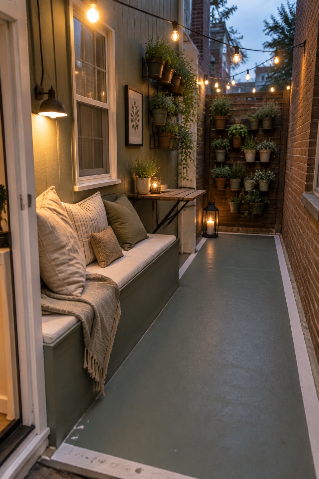 A narrow outdoor patio with a solid green painted concrete floor, built-in bench with cushions and a throw blanket, string lights overhead, and potted plants arranged on a wooden wall.