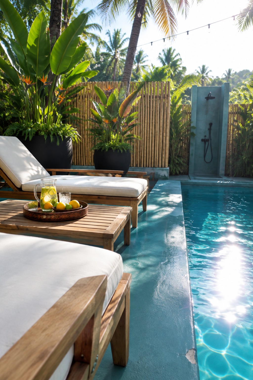 Sunny tropical poolside with wooden loungers, fruit tray, potted plants, and outdoor shower