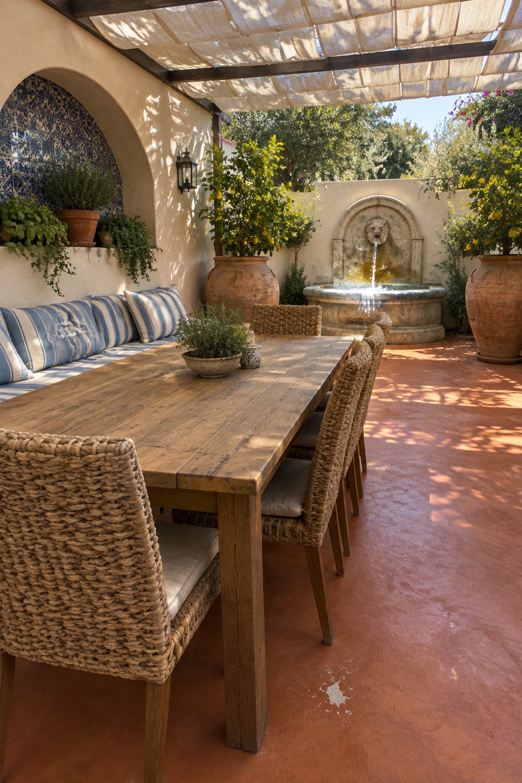 Rustic wooden table with woven chairs on sunny patio by stone fountain