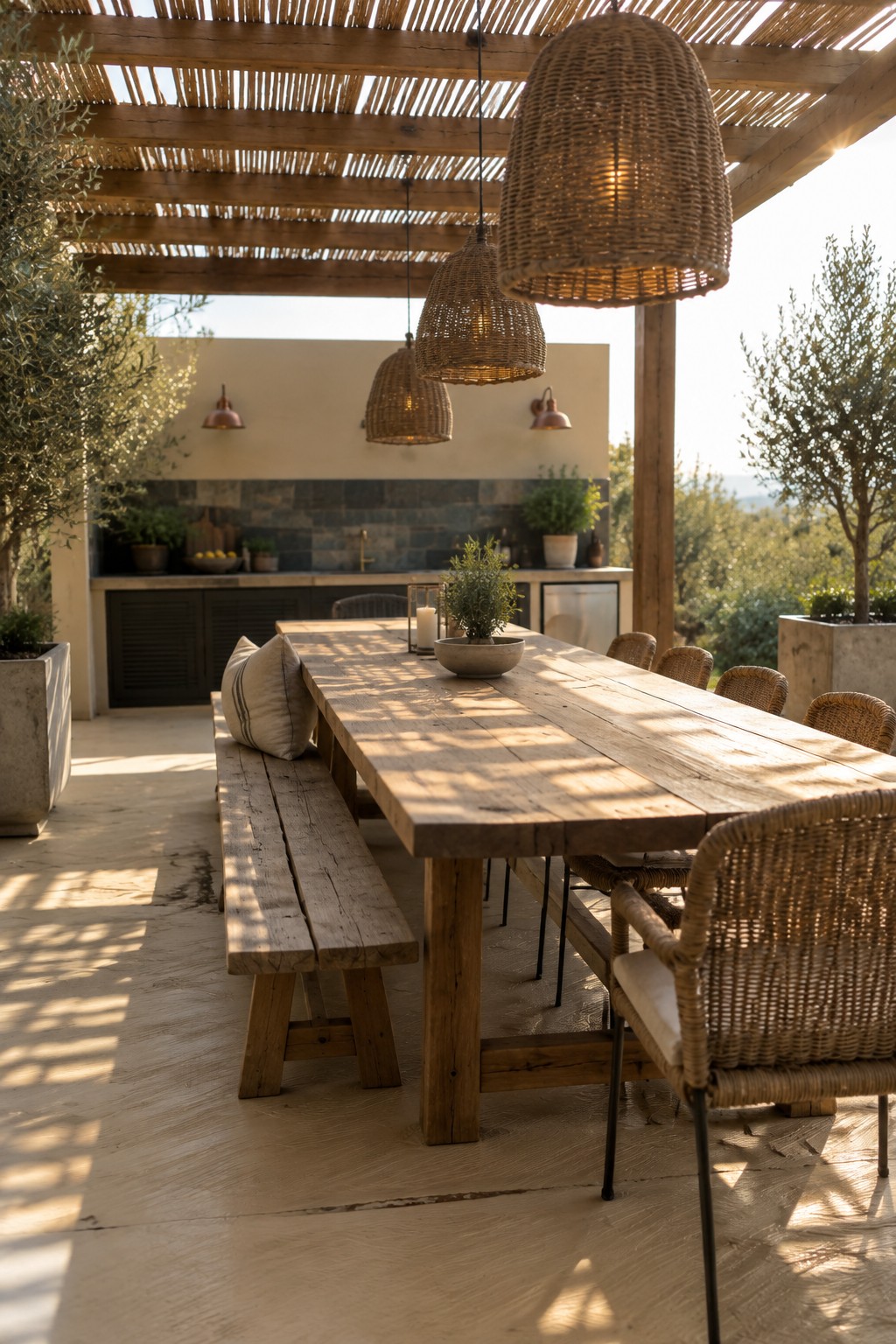 An outdoor patio dining area with a long wooden table, bench seating, and woven chairs on a light concrete floor under a wooden pergola with hanging wicker lights.