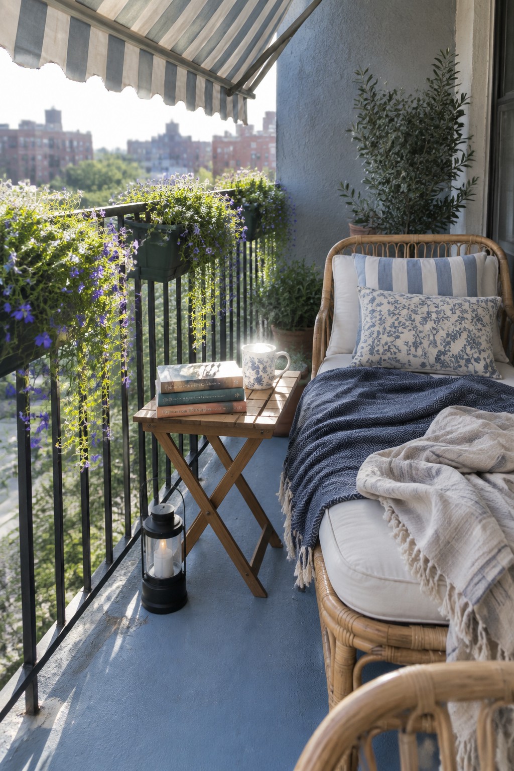 Balcony patio with painted blue concrete floor, rattan lounge chair with cushions and throws, wooden folding table holding books and a mug, black lantern, and hanging plants along the railing.