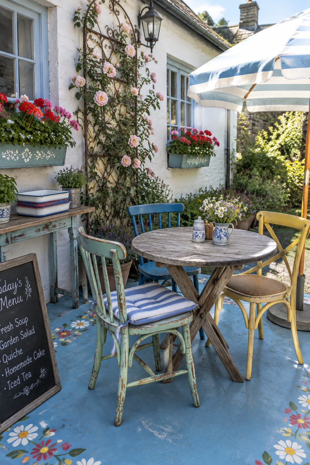 Colorful vintage chairs around a rustic table on a blue daisy-painted patio with flowers and menu board.