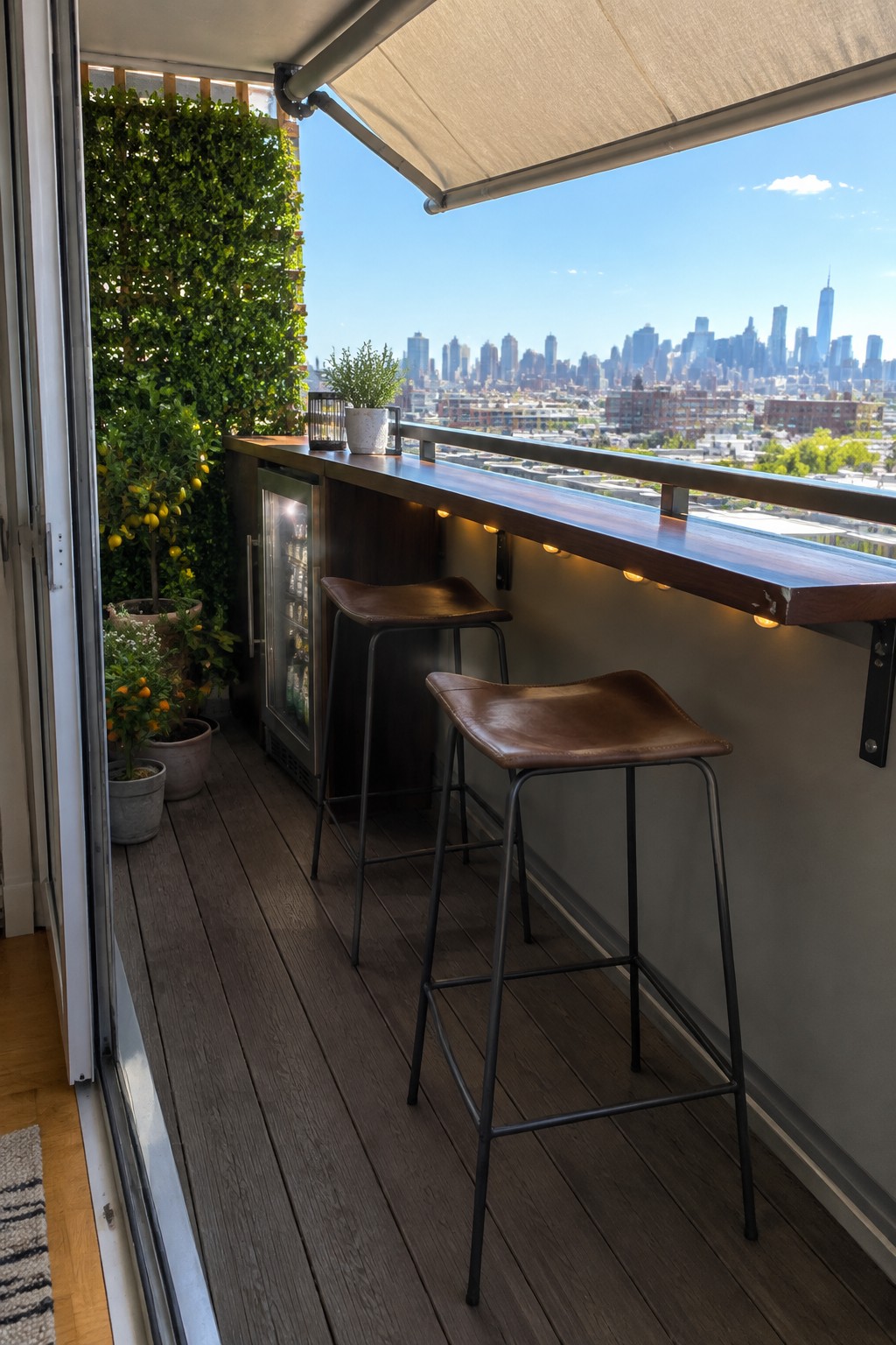 A narrow balcony with a long wooden bar counter, two brown leather stools, a mini fridge, and potted plants overlooking a city skyline.