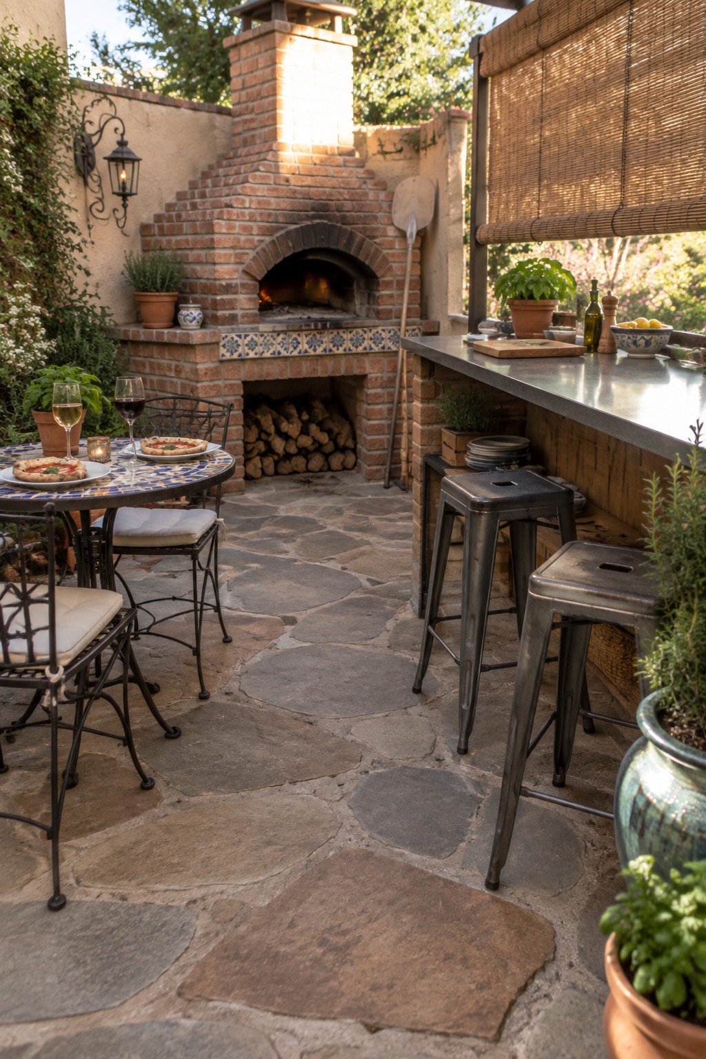 A stone patio with a brick pizza oven, a mosaic dining table with chairs and wine glasses, and a stainless steel bar counter with two metal stools tucked underneath.