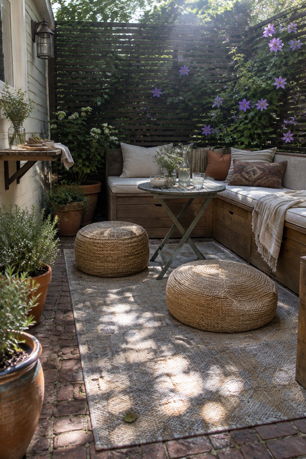 A small brick patio with wooden built-in bench seating, a round table, two woven poufs on a rug, potted plants, and a wooden fence in the background.
