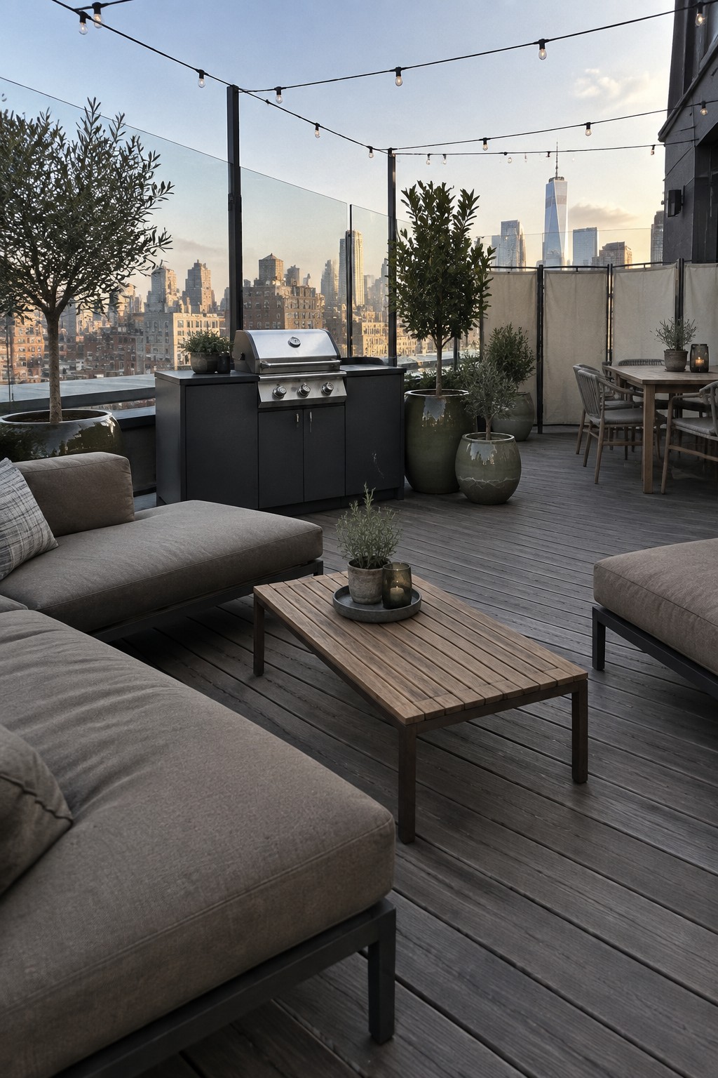 A rooftop patio featuring gray sectional sofas, a wooden coffee table, an outdoor kitchen with grill, large potted trees, string lights, and a separate dining table against a city skyline at dusk.