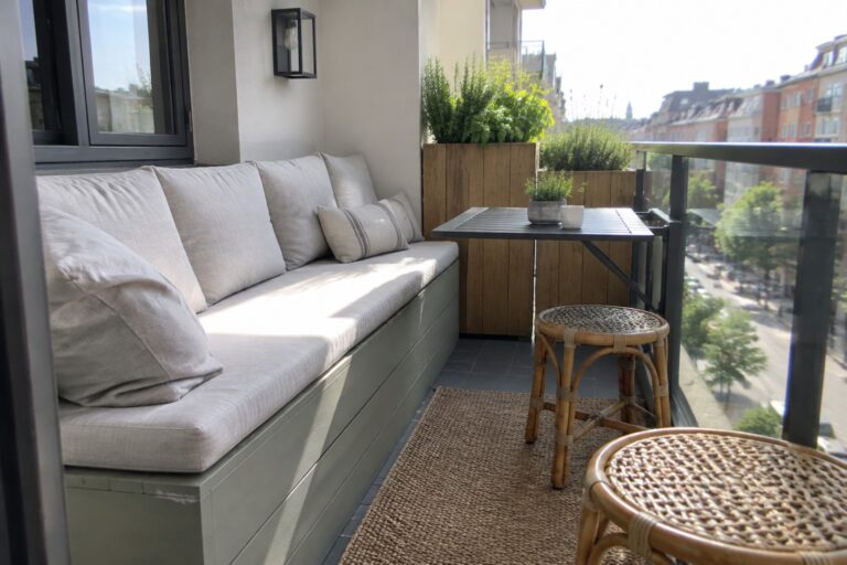 19 Small Patio Ideas for Entertaining Without Overcrowding the Space A narrow balcony with a long built-in bench topped with light cushions, a small black table, two woven stools on a jute rug, and wooden planters along the wall.