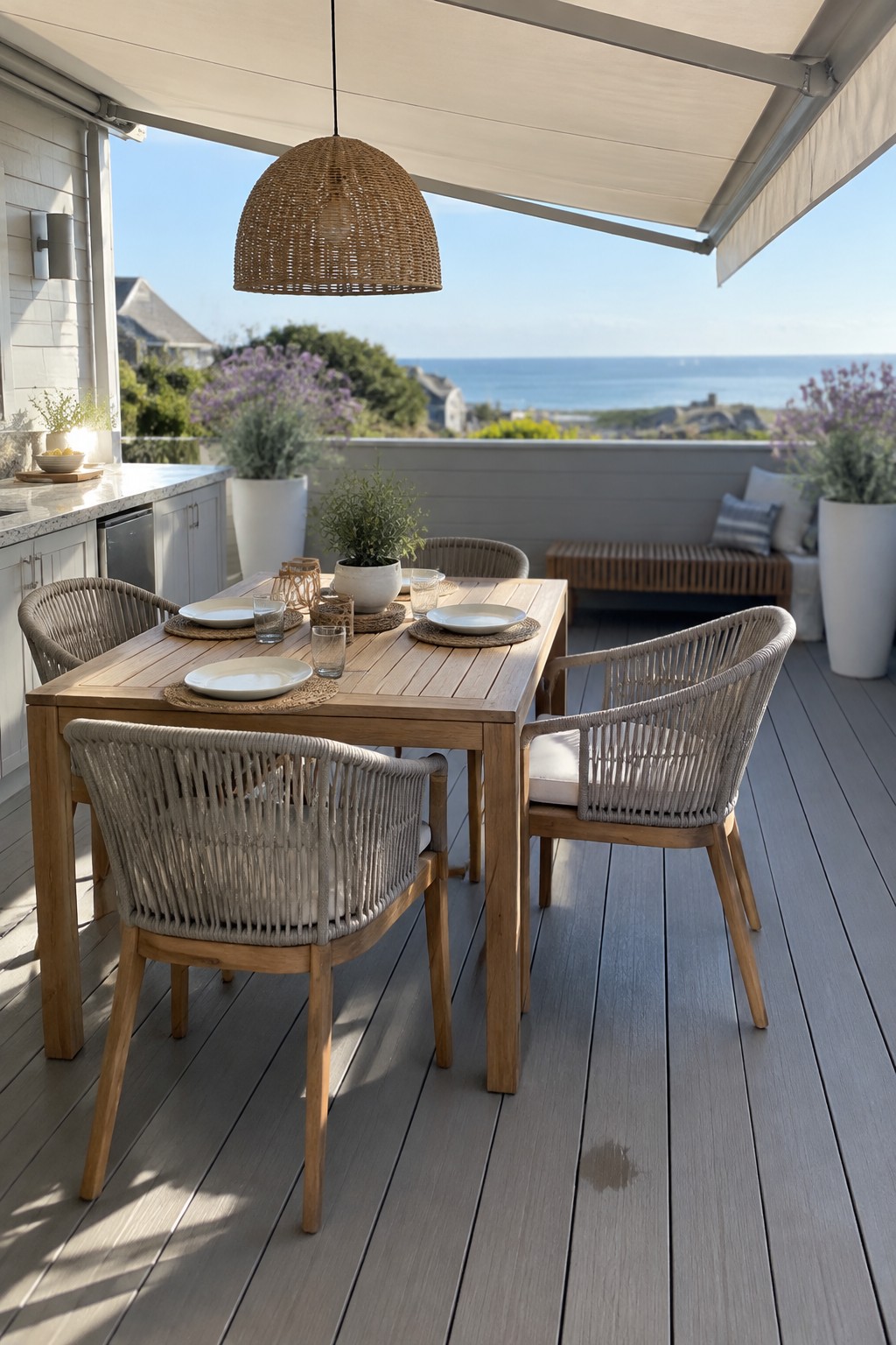 Rattan chairs around wooden table on ocean-view deck under woven pendant light