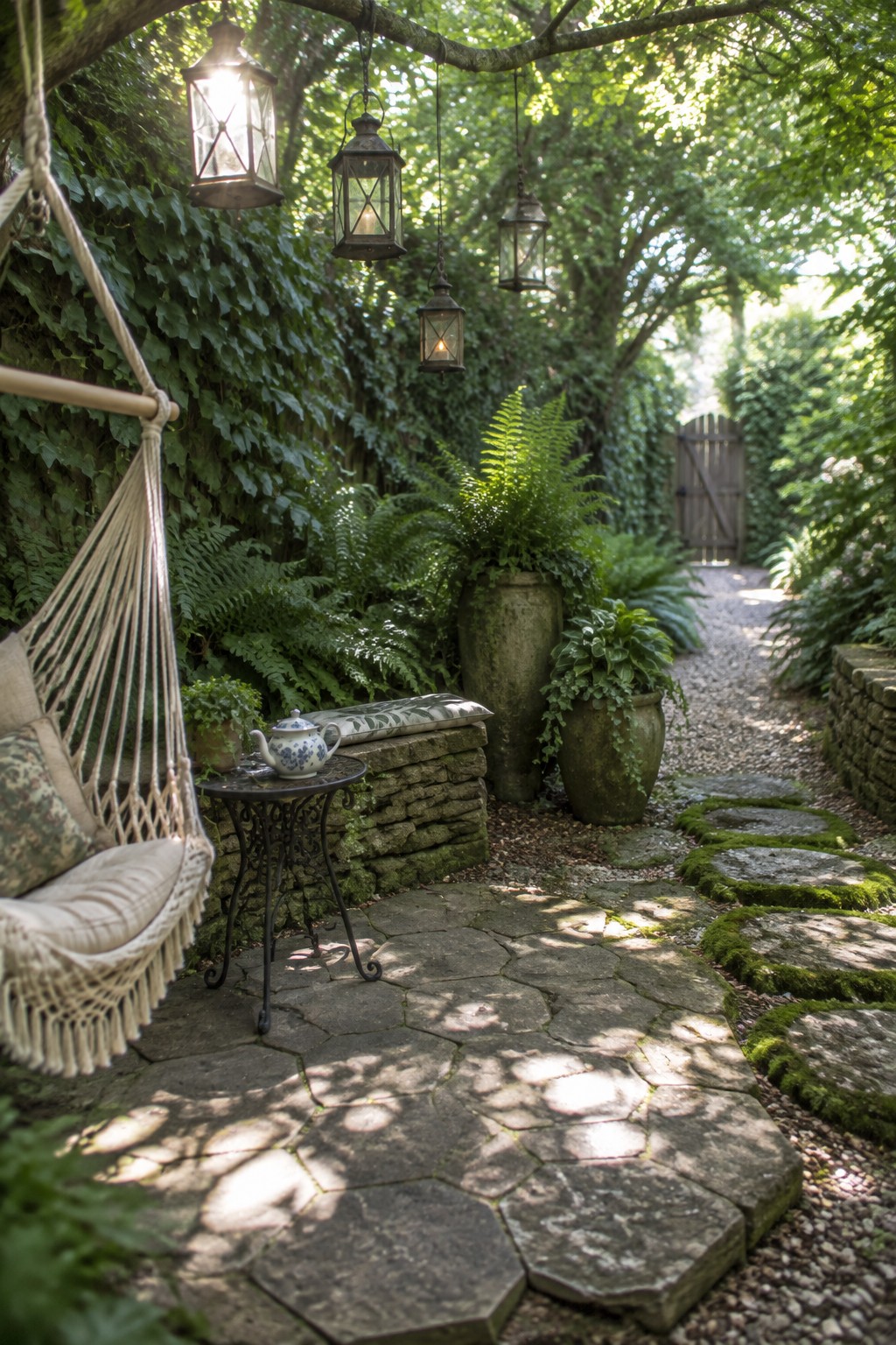 Garden nook with hanging lanterns, hammock, stone path, ferns, and teapot table.