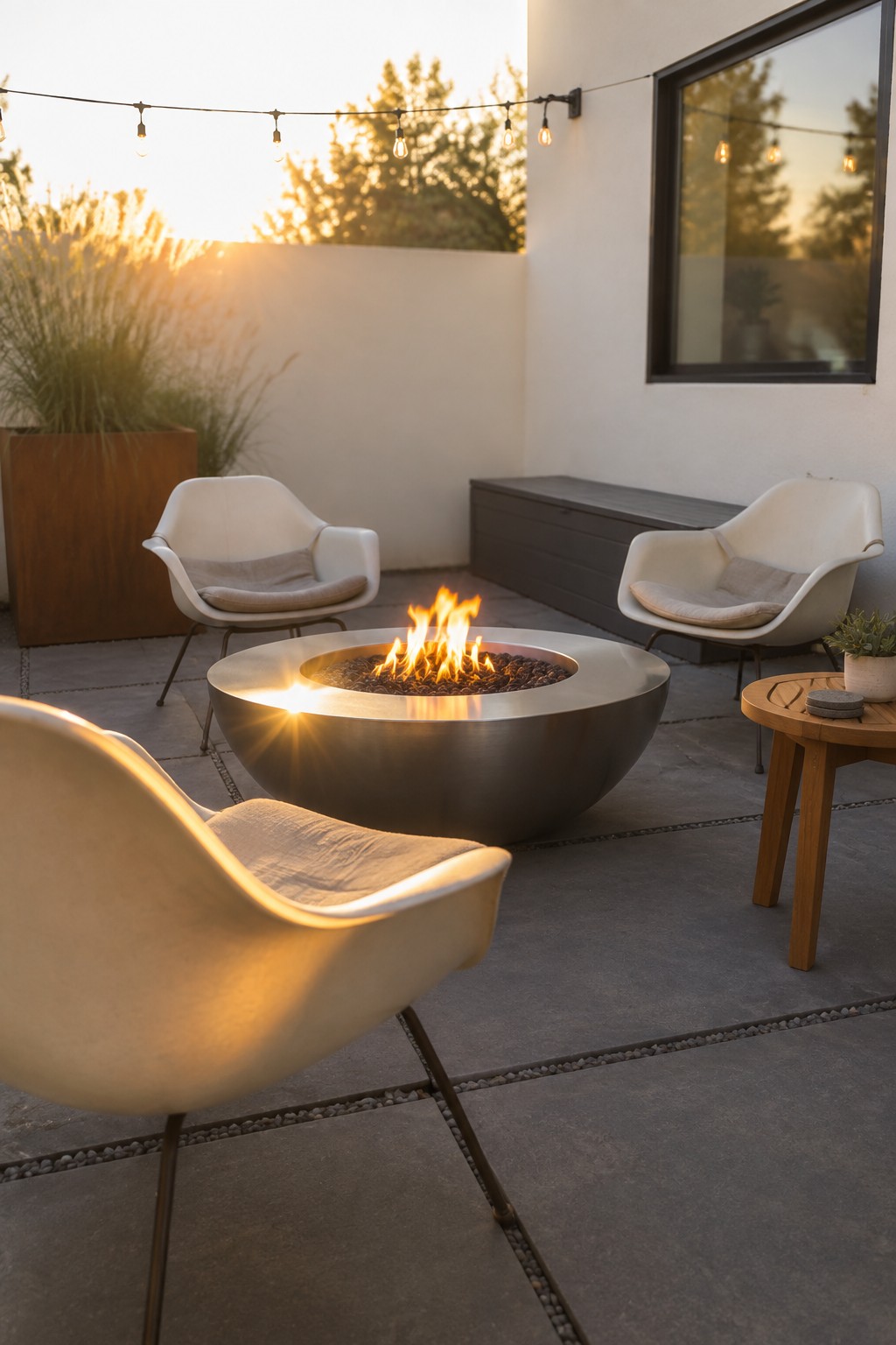 A round metal fire pit with active flames sits on a stone patio surrounded by three modern white chairs, with string lights overhead.