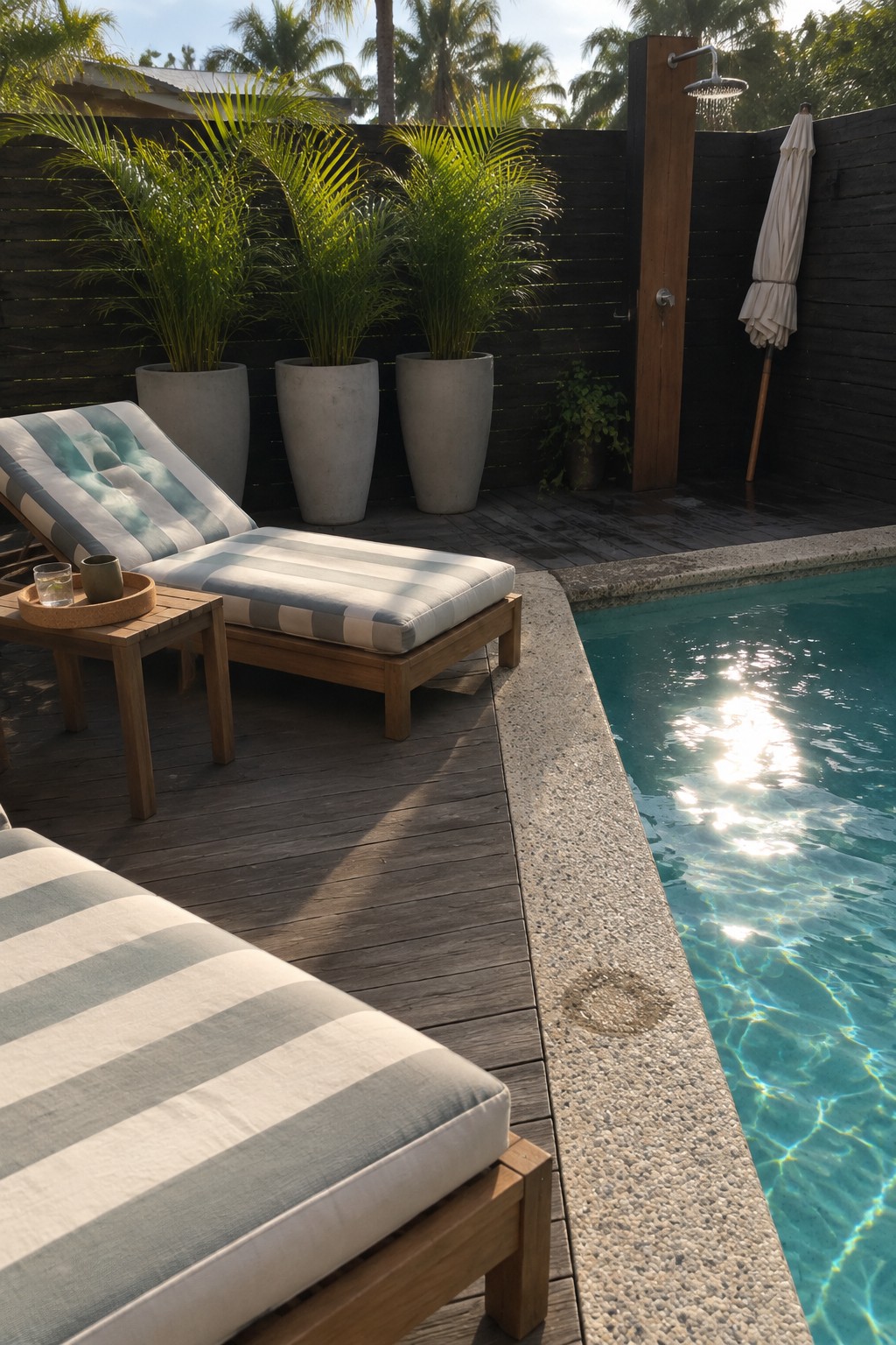 Wooden deck with two striped lounge chairs positioned beside a swimming pool, large potted palms nearby, and an outdoor shower visible against a dark fence.