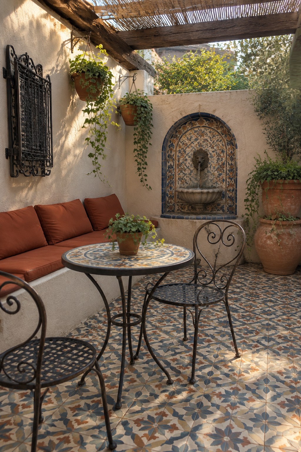 A small outdoor patio with a round mosaic table, two dark metal chairs, a built-in bench with orange cushions, a tiled fountain on the back wall, and potted plants along the edges.